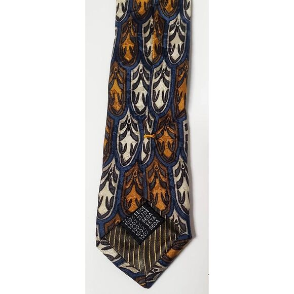 BACI Italy Necktie 100% Silk Feather Medallion Print Taupe/Gold/Steel Blue Tie - Picture 12 of 12
